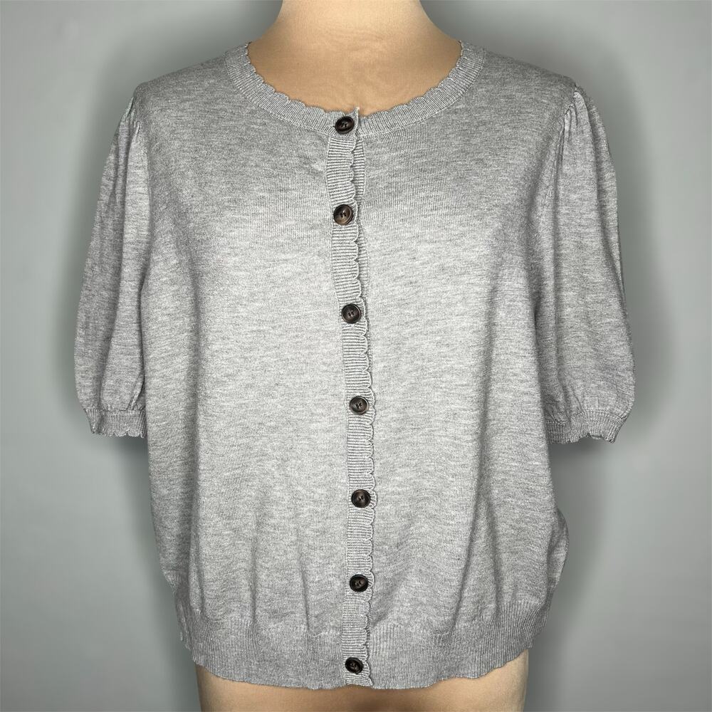La Vila Milano Cardigan Sweater XL Womens Gray Puff Sleeve Button Knit Scalloped